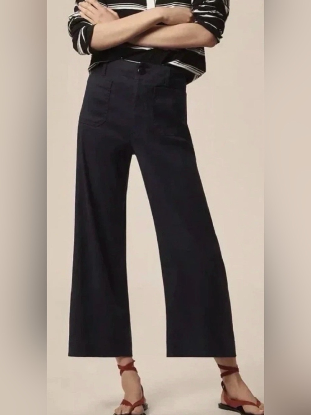Maeve Colette High Rise Wide Cropped Leg Pant Linen Blend Black Size 32